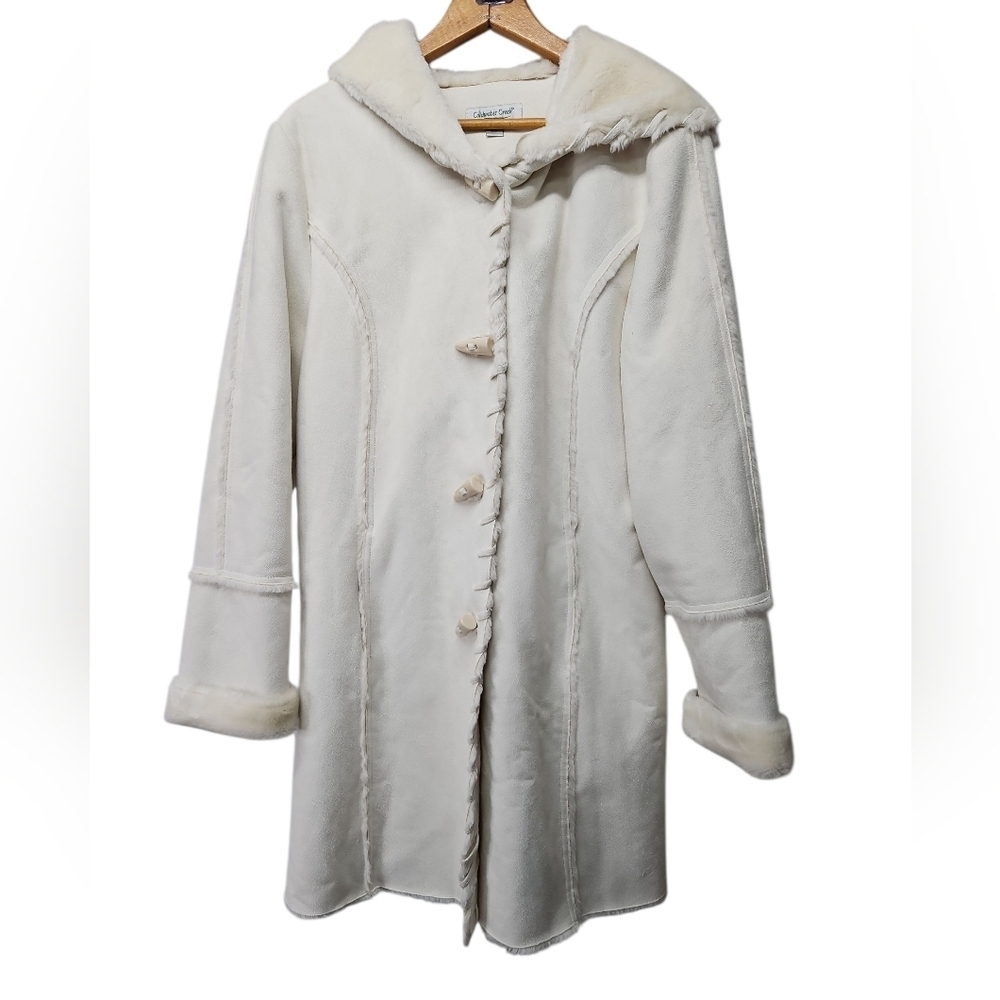 Coldwater Creek Penny Lane Hooded Faux Leather/Fur Off White Sz L